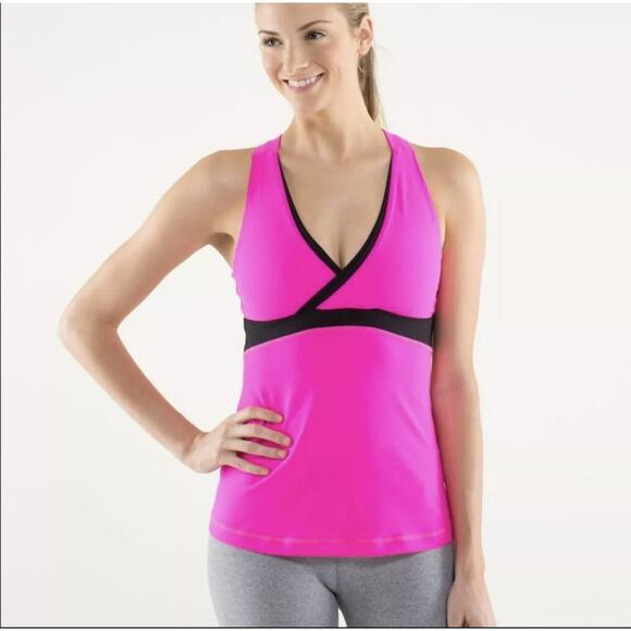Lululemon Deep V-Neckline Raspberry Glo Light & Black Athletic Tank Top Size 6 - Picture 1 of 9